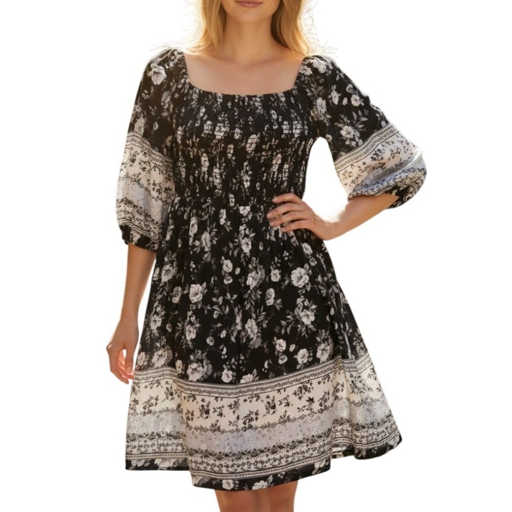 White‎ Birch Floral Smocked Dress Black White XL Romantic Boho Cottagecore
